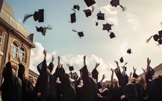 Absolventinnen und Absolventen werfen ihre Studenten-Hüte in die Luft