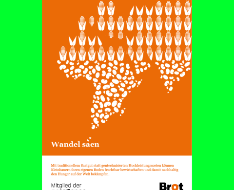 Ein orangenes Plakat auf einem grünen Hintergrund. Es zeigt die notwendige Entwicklung von Nahrunsgmitteln um den Welthunger zu beseitigen.