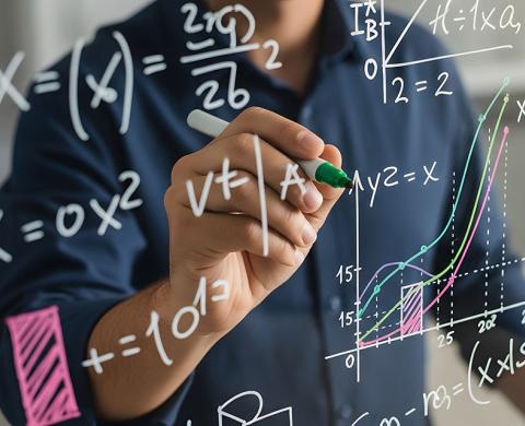 Student schreibt Formeln an eine Glastafel Student schreibt Formeln an eine Glastafel